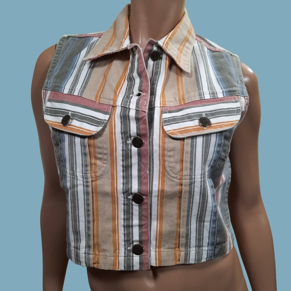 Vintage 90s Striped Vest Top Sleeveless Short Cropped Multicolor Cotton Size M